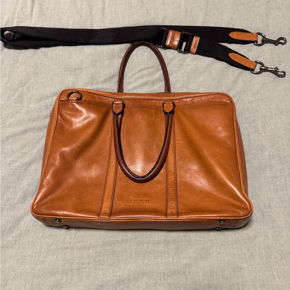 Coach Men’s Tan Leather Briefcase / Work Bag with Strap